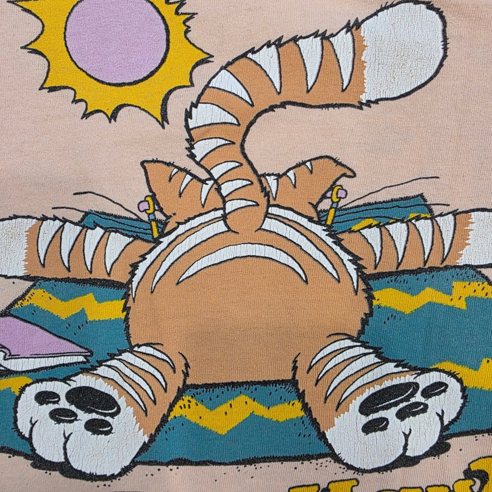 Vintage 80s Miller Sun Your Buns Myrtle Beach Cat TShirt Peach Med Single Stitch - Picture 9 of 9